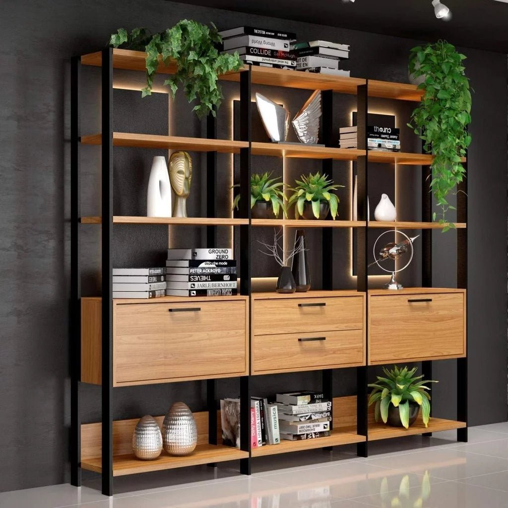 Estante Industrial, 2 Portas, 2 Gavetas, 100% MDF, Freijó/Preto
