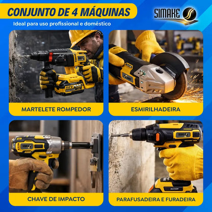 [ÚLTIMAS UNIDADES] Kit 4 em 1 Ferramentas 48V – Martelete, Esmerilhadeira, Parafusadeira e Chave de Impacto, 4 Baterias e Maleta, Sem Fio para Reformas