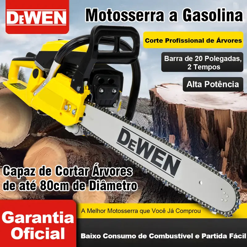 [PROMOÇÃO] Motosserra a Gasolina DEWEN 52cc Barra 20 Polegadas 3.0HP Corte Profissional de Árvores