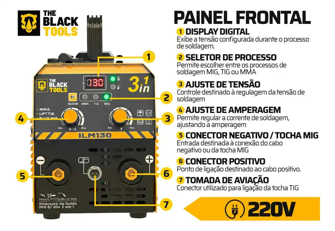 Maquina Inversora De Solda MIG Sem Gas 130A 3 Em 1 TIG Lift Kit Completo