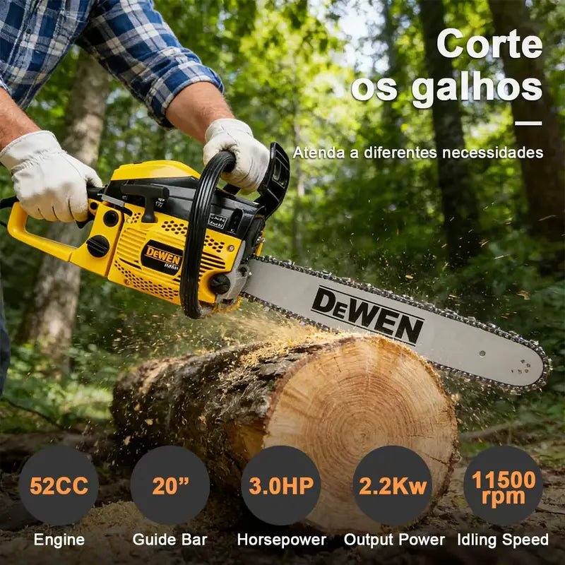 [PROMOÇÃO] Motosserra a Gasolina DEWEN 52cc Barra 20 Polegadas 3.0HP Corte Profissional de Árvores