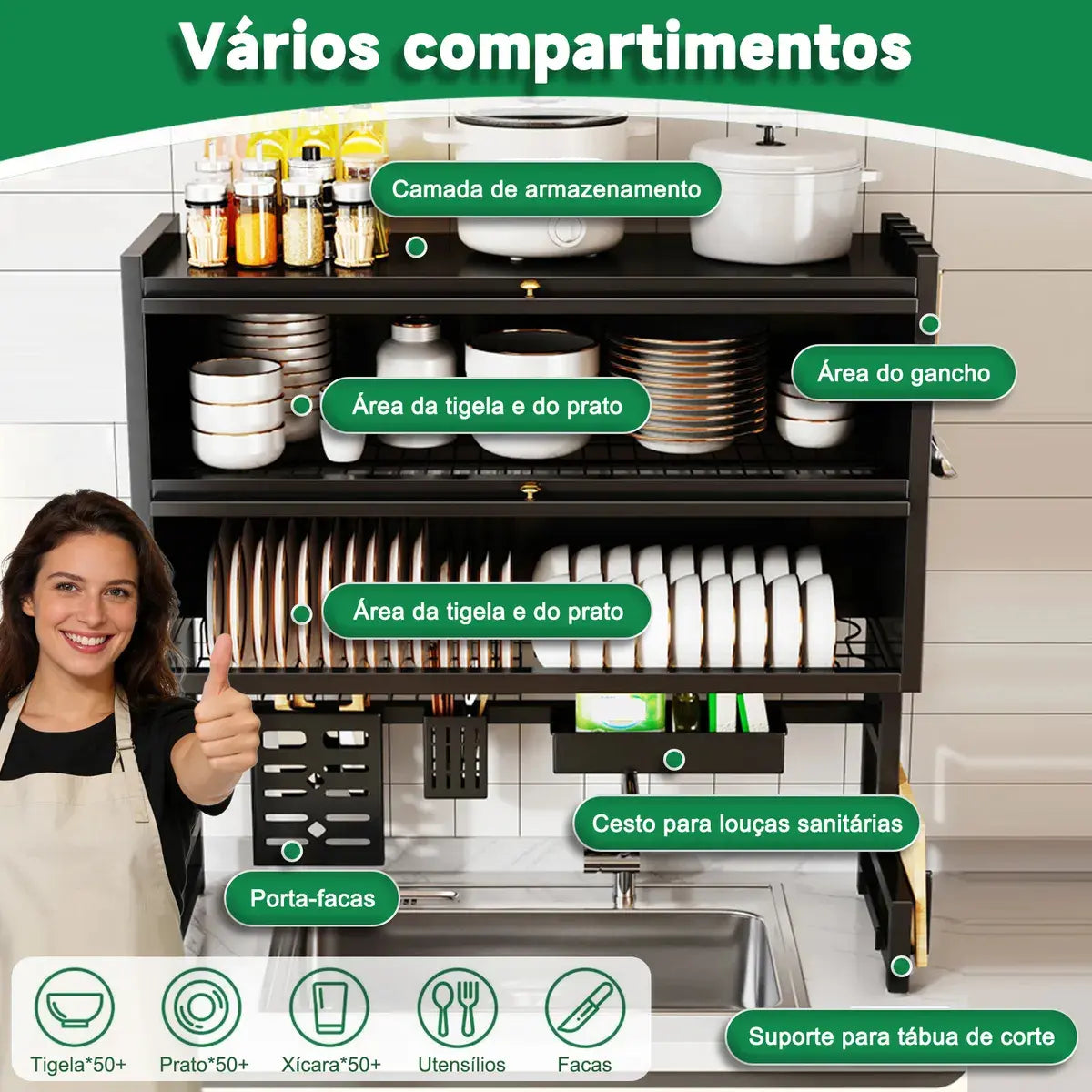 [LANÇAMENTO] Escorredor de Louça Suspenso Aço Inoxidável Organizador de Cozinha com 2 Níveis - De 65 a 105cm