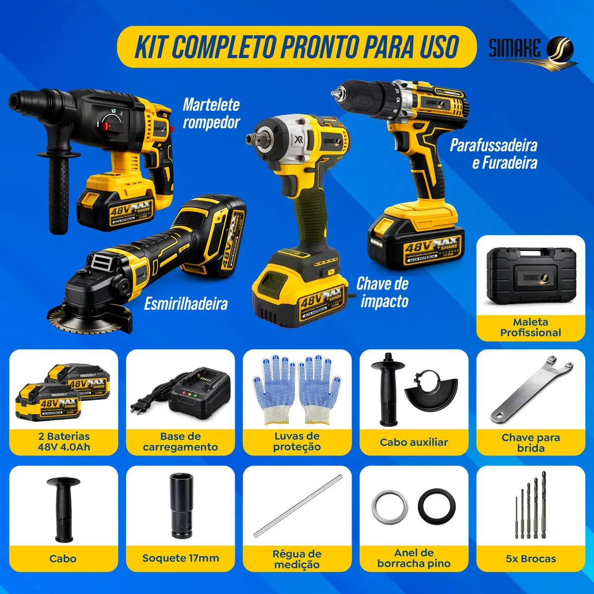[ÚLTIMAS UNIDADES] Kit 4 em 1 Ferramentas 48V – Martelete, Esmerilhadeira, Parafusadeira e Chave de Impacto, 4 Baterias e Maleta, Sem Fio para Reformas