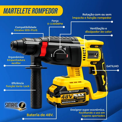 [ÚLTIMAS UNIDADES] Kit 4 em 1 Ferramentas 48V – Martelete, Esmerilhadeira, Parafusadeira e Chave de Impacto, 4 Baterias e Maleta, Sem Fio para Reformas