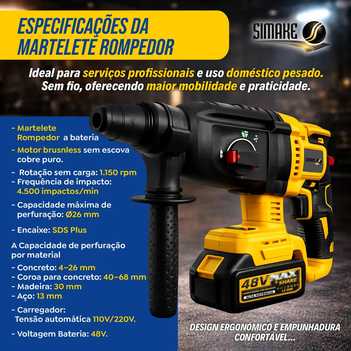[ÚLTIMAS UNIDADES] Kit 4 em 1 Ferramentas 48V – Martelete, Esmerilhadeira, Parafusadeira e Chave de Impacto, 4 Baterias e Maleta, Sem Fio para Reformas