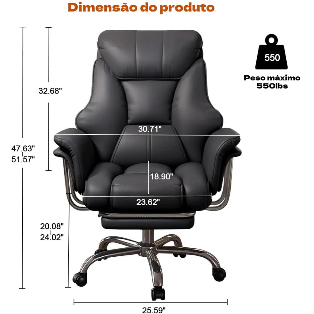 Cadeira Executiva, Couro, Apoio Retrátil, Altura Ajustável