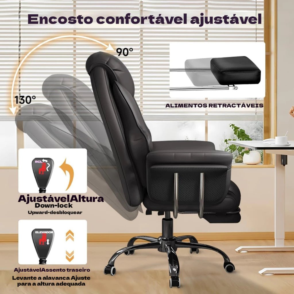 Cadeira Executiva, Couro, Apoio Retrátil, Altura Ajustável