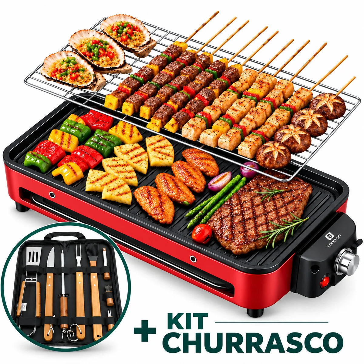 [PROMOÇÃO] Churrasqueira Elétrica 2 em 1 Chapa e Grelha Antiaderente + KIT CHURRASCO