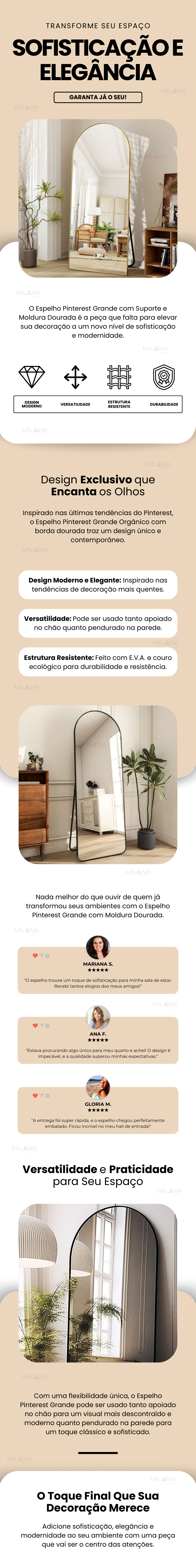 Espelho Pinterest Grande com Suporte e Moldura Dourada