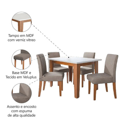 Conjunto Sala de Jantar, Mesa 1,20m, 4 Cadeiras, Madeirado