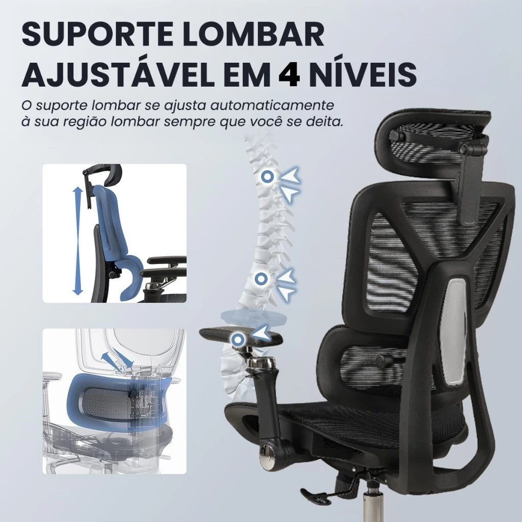 Cadeira Escritório Ergonômica, Suporte Lombar, Mesh, 6D, Até 150kg