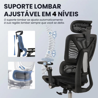 Cadeira Escritório Ergonômica, Suporte Lombar, Mesh, 6D, Até 150kg