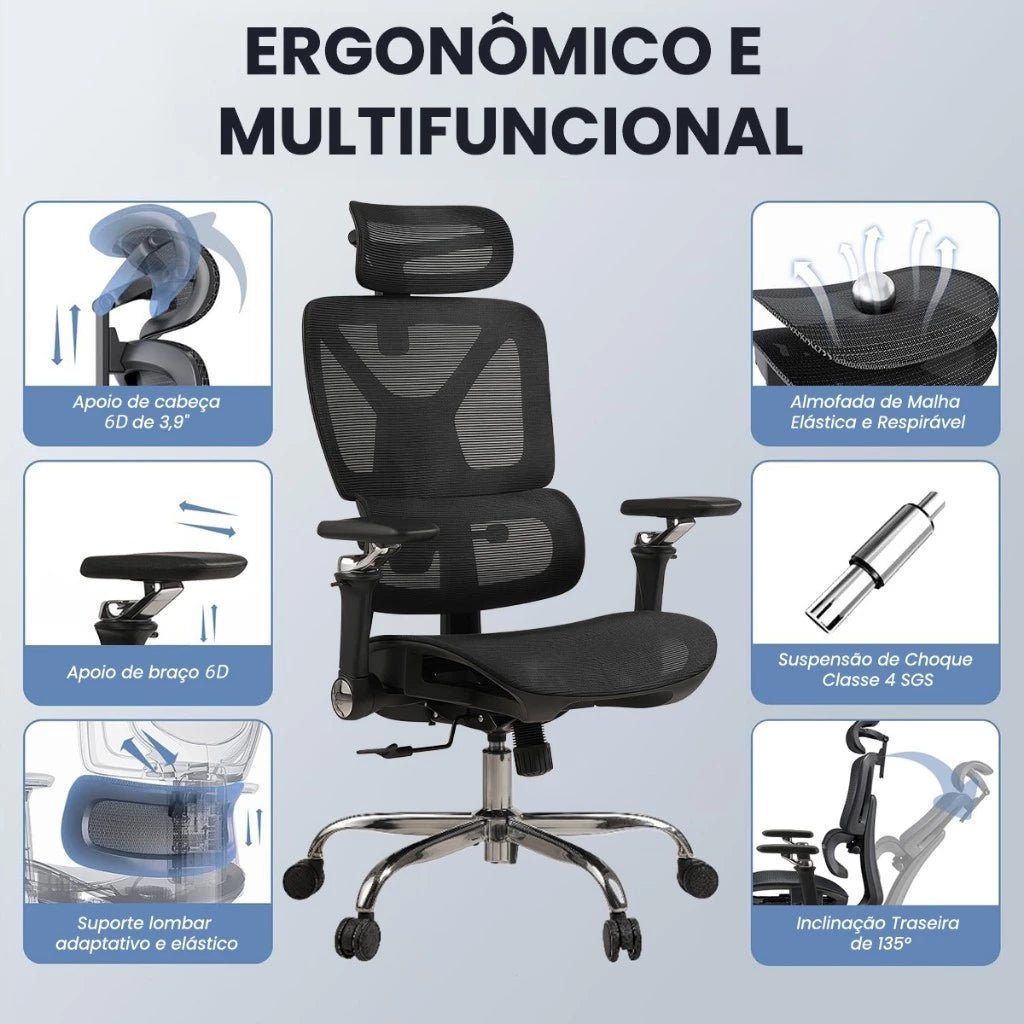 Cadeira Escritório Ergonômica, Suporte Lombar, Mesh, 6D, Até 150kg