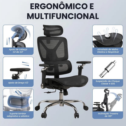 Cadeira Escritório Ergonômica, Suporte Lombar, Mesh, 6D, Até 150kg