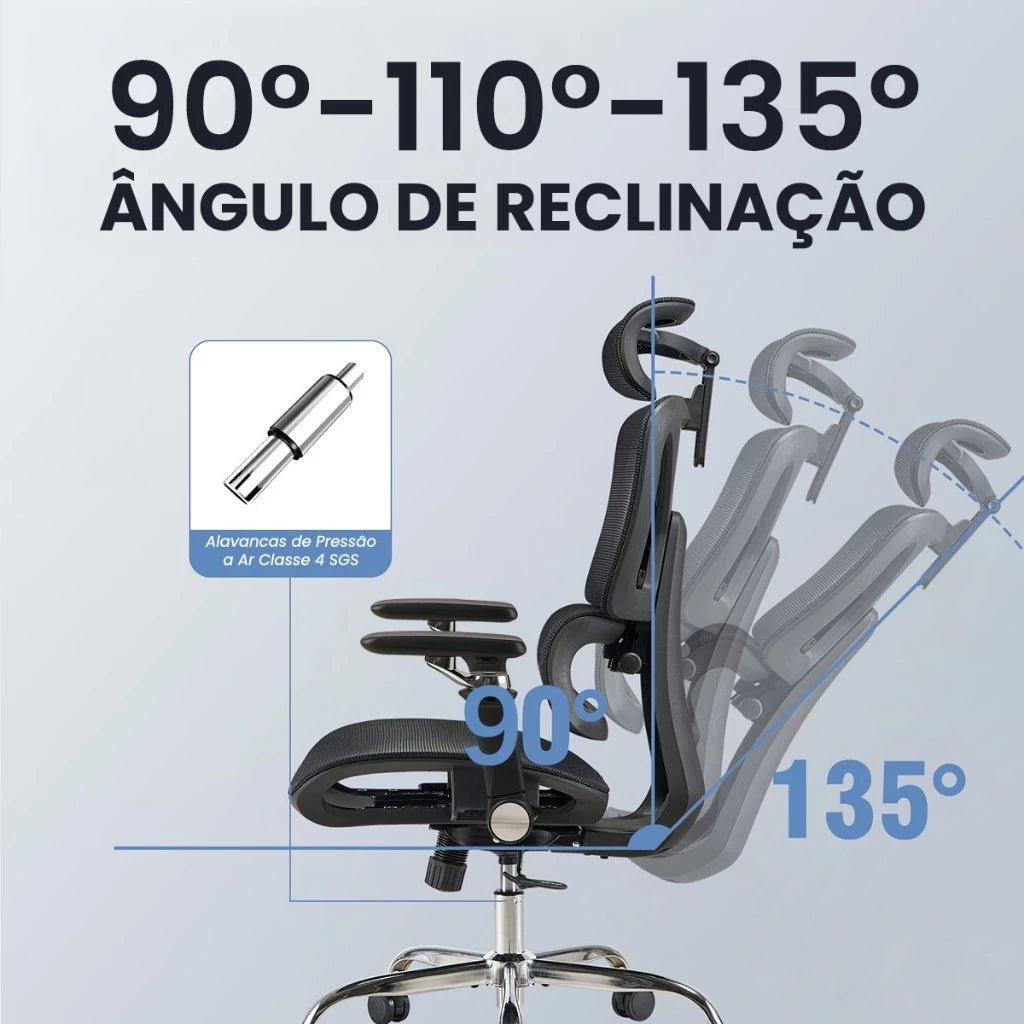 Cadeira Escritório Ergonômica, Suporte Lombar, Mesh, 6D, Até 150kg